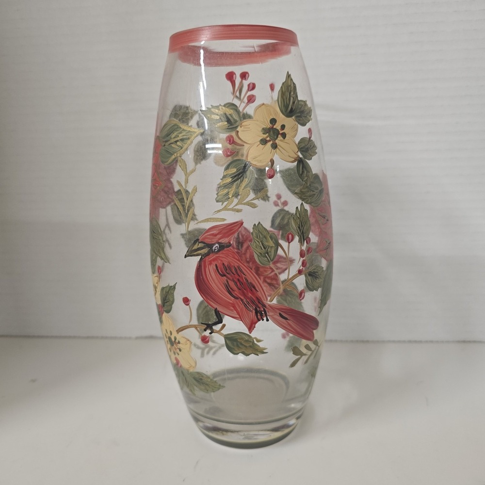 Hand Painted Glass Vase Red Cardinal Poinsettia Floral Winter Holiday Decor‎